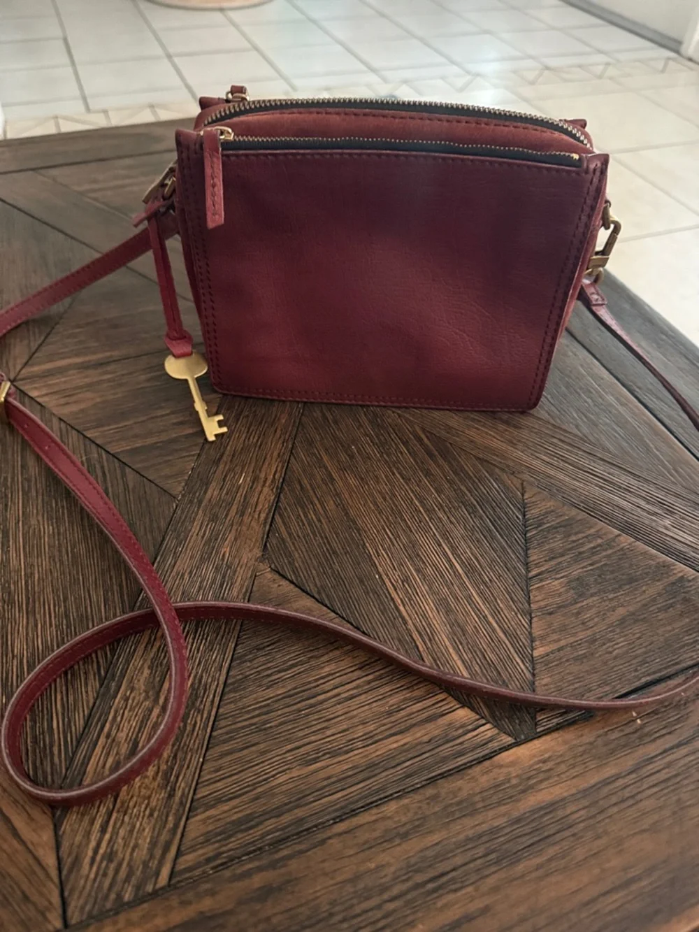 Fossil Campbell Dark Red Leather Suede Crossbody Bag Adjustable Strap - Picture 2 of 11